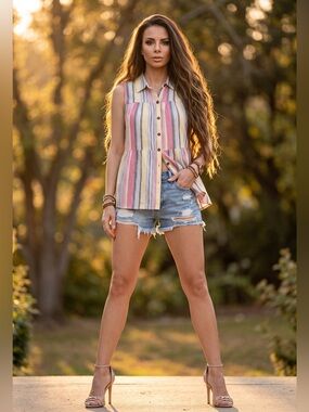 Cupio Multicolor Vertical Stripe Sleeveless Top - Pink, Blue & Cream